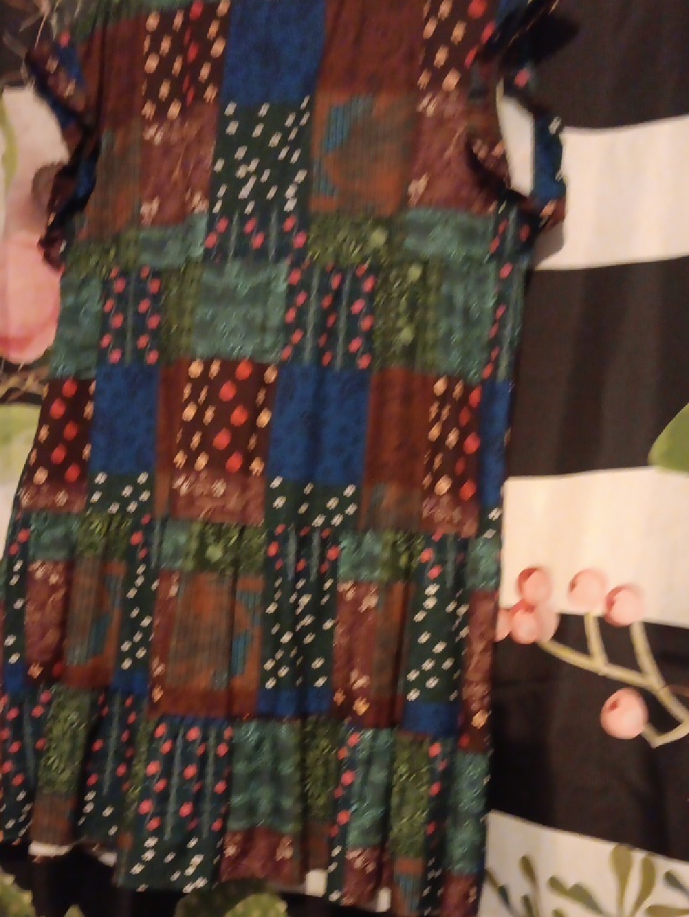 Patchwork Print Mini Dress in Blue, Green, Brown